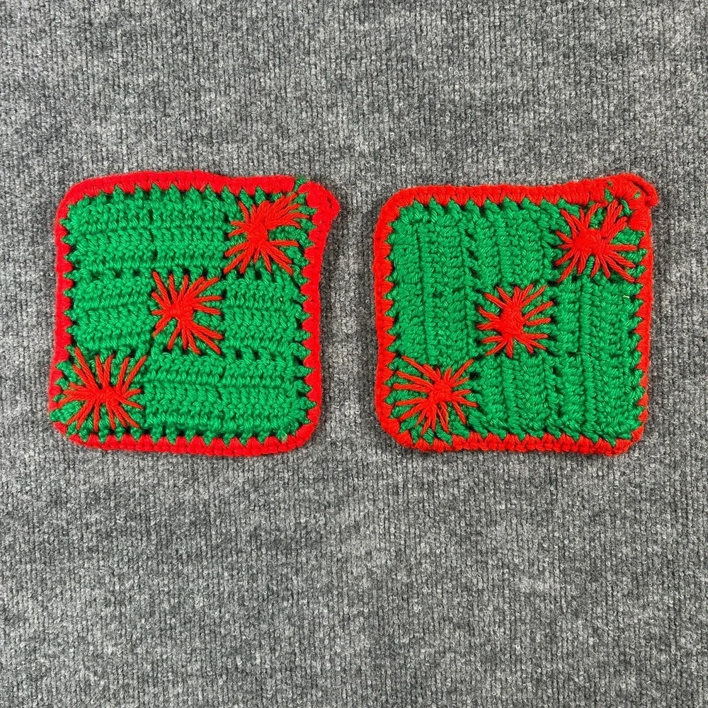 Grandmacore Hand Crocheted Pot Holder Set Hot Pad Red Green Stars Christmas VTG